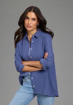 Laura Scott Longbluse LAURA SCOTT, Damen, Gr. 36, blau, Web, Obermaterial: 100% Baumwolle, unifarben, Basic, l&auml;ssig geschnitten, verstellbar, Blusen Longbluse, in