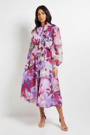 Wallis Womens Floral Print Organza Midi Shirt Dress - Pink - Size 14 UK