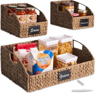 Best Choice Products Hyacinth Angled Pantry Storage Baskets W/ Handles, Chalkboard & Marker (Set of 3) - Chestnut