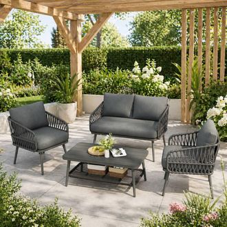 Merax 4 Seater Rope Patio Sofa Set with Storage Coffee Table for Garden in Grey