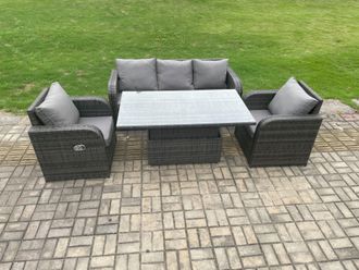Fimous Rattan Outdoor Garden Furniture Sets Height Adjustable Rising lifting Dining Table Lounge Sofa Set With Reclining Chair Dark Grey Mixed