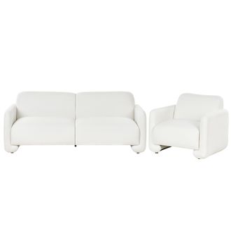 Beliani Conjunto De Sala De Estar De Tela Sof&aacute; 3 Plazas Sill&oacute;n Tapicer&iacute;a De Poli&eacute;ster Respaldo Ancho Reposabrazos Muebles De Sal&oacute;n Retro Blanco Saland