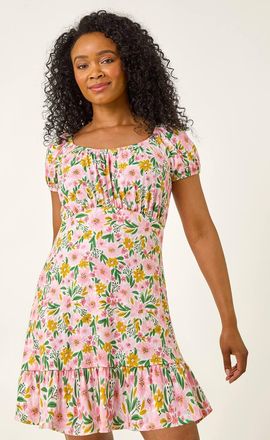 Roman Floral Print Frill Stretch Dress