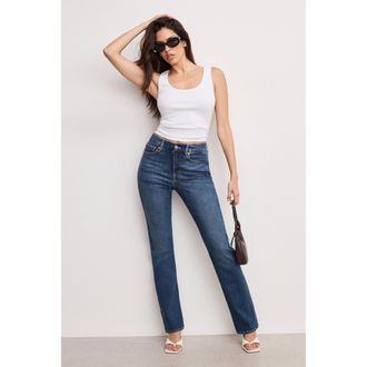Good American Womens Good Legs Straight Jeans | Extra Stretch, Flat Tummy Tech, Gap-Proof Waistband Long | Blue, Size 30 Plus | Good American