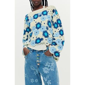 Desigual Open Stitch Floral Sweater in Blue at Nordstrom, Size Medium