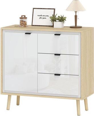 HOMCOM Credenza Cucina con Armadietto e 3 Cassetti Bianco Lucido e Rovere
