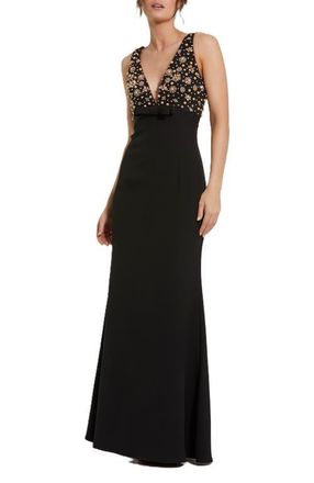 Mac Duggal Crepe Sleeveless Beaded V Neck Gown With Bow in Black at Nordstrom, Size 12