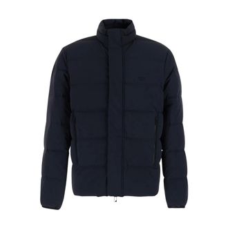 Emporio Armani Jassen, Heren, Blauw, L, Leer, Gewatteerde kraag donsjack