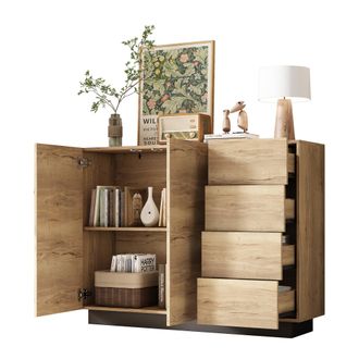STILVORA Aparador Con 2 Puertas Y 4 Cajones, Apertura A Presi&oacute;n, Estilo Moderno, En Tablero De Part&iacute;culas, 120&times;35,5&times;90,5 Cm, Negro Y Natural