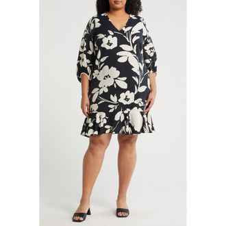 London Times Floral Short Sleeve Flounce Hem Shift Dress in Black Ivory at Nordstrom Rack, Size 1X