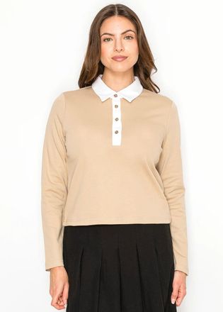 YAL New York Camel Cotton Tee with Contrast Collar