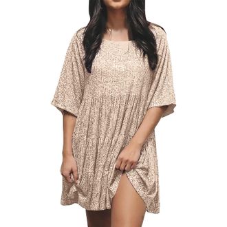 Generic Womens Sparkly Sequin Round Neck Short Sleeve Dress Plus Size- Flowy Swing Party Dress for Wedding Guest, Christmas Party, Prom, Evening Gowns and For