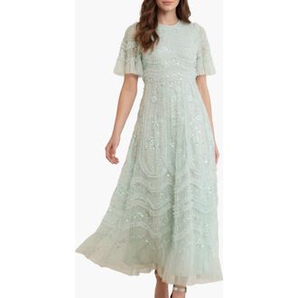 Needle & Thread Gianna Ruffle Short Sleeve Maxi Gown in Sea Mist at Nordstrom, Size 10