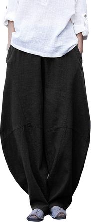 Feoya Happy Cherry Women Linen Casual Trousers Loose Plazzo Pants Harem Elastic Waist Ladies Baggy Bottoms Red