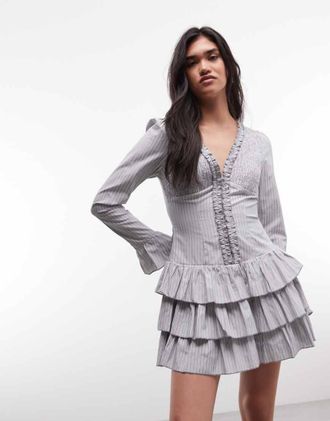 Daisy Street vestito corto con gonna rara a volant a righe grigie-Grigio