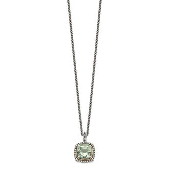 Diamond2Deal Sterling Silver with 14K Accent Cushion Green Quartz Pendant Necklace