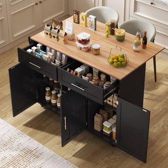 Matteo Kitchen Island, Wheels, Foldable Top, Adjustable Shelves in Black