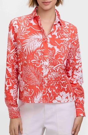 Foxcroft Jodie Tropical Floral Cotton Button-Up Shirt in Peachy Orange/White at Nordstrom, Size X-Small