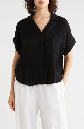 Eileen Fisher Notch Collar Roll Cuff Shirt in Black at Nordstrom Rack, Size Medium