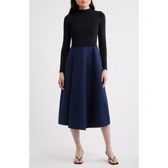 Ted Baker Chira Long Sleeve Mixed Media Dress in Black/Blue at Nordstrom, Size 2