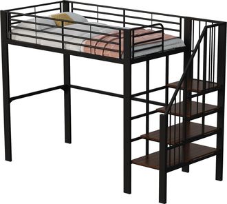 STILVORA Cama Alta Individual Con Escalera Y Almacenaje 90 X 200 Cm, Sin Colch&oacute;n, Metal Y Madera, Negra