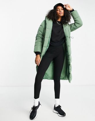 River Island Cappotto imbottito lungo con collo sciallato, colore salvia-Verde