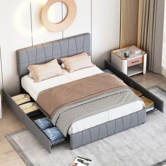 OEM Cama Doble 160x200 Cm - 231115tt - 4 Cajones - Terciopelo Gris - Somier De Lamas Incluido