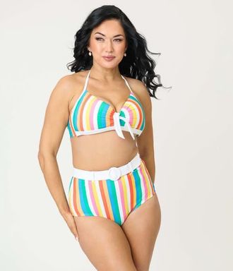 Unique Vintage Bow Halter Swim Top in Blue Rainbow Stripe at Nordstrom, Size X-Large