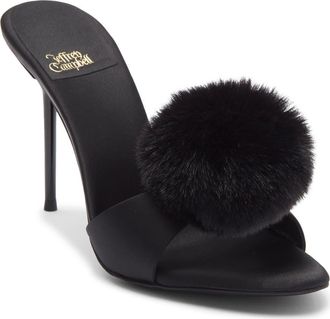 Jeffrey Campbell Shopaholic Faux Fur Pom Slide Sandal in Black Satin Combo at Nordstrom, Size 9.5
