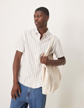 Selected linen blend short sleeve shirt in cream stripe-White