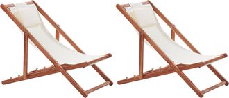 Beliani Conjunto De 2 Tumbonas De Jard&iacute;n De Madera De Acacia Oscura Blanco Crema Con 2 Telas A Elegir Reclinable Plegable Avellino