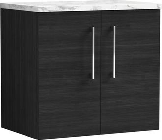 Nuie Nuie - Arno Wall Hung 2-Door Vanity Unit with Carrera Marble Worktop 600mm Wide - Charcoal Black Woodgrain