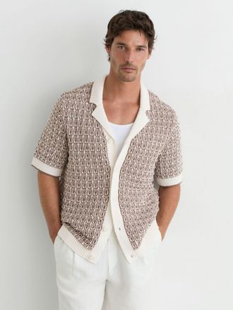 Reiss Mens Tobacco Brown & Ecru Cotton-blend Geometric-knit Shirt, Xxl