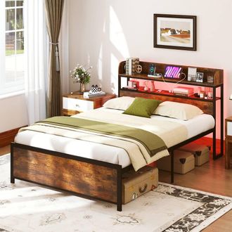 Costway Costway Double Bed Frame w/LED Lights & Power Outlets Platform Bed w/Headboard in Brown