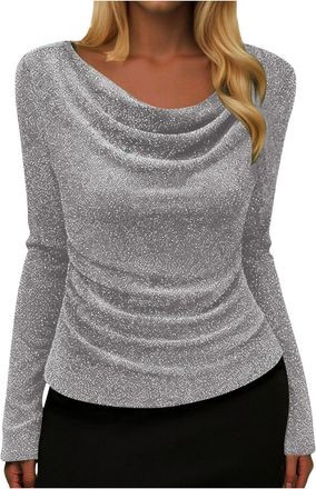Generic Womens Sequin Tops Sparkly Shirts Blouse Glitter Sequined Cowl Neck Long Sleeve Sequin Shinny Glitter Pullover Tees Evening Party Clubbing Tshirt Spar