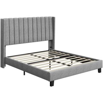 Yaheetech Yaheetech - Letto Imbottito 160 x 200 cm Matrimoniale Testiera a Strisce con Rete a Doghe in Legno e Metallo Struttura Letto a Piattaforma Antirumore