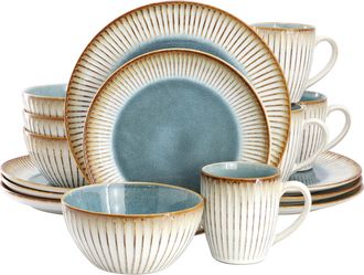 Elama Louann 16 Piece Stoneware Dinnerware Set in Blue and Beige