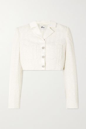 Self Portrait Blazer Cropped In Tweed Boucl&eacute; Metallizzato Con Finiture In Raso E Decorazioni - Bianco