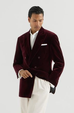 Brunello Cucinelli Cotton chalk stripe velvet one-and-a-half breasted tuxedo jacket with peak lapels in Bordeaux at Nordstrom, Size 52 It