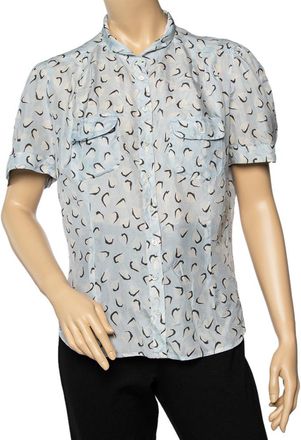 Max Mara Blue Printed Silk Button Front Top