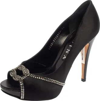 Gina Black Satin Crystal Embellished Platform Peep Toe Pumps