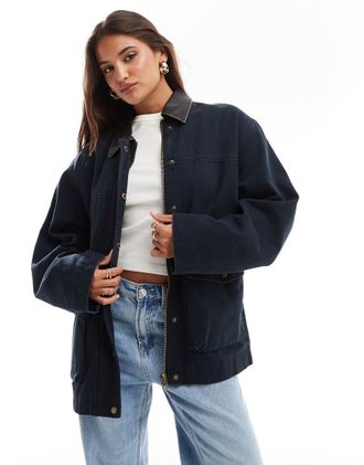 Asos oversized washed jacket with leather look collar in navy