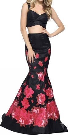 Sherri Hill Taffeta Mermaid Prom Dress In Black/red Print