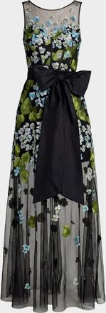 Mac Duggal Floral Embroidered Bow Appliqu&eacute; Mesh Gown