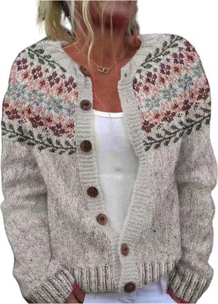Generic Womens Christmas Knit Cardigans Chunky Christmas Jumpers for Women Casual Warm Open Front Fairisle Sweater Reindeer Snowflake Print Button Coats Jacke