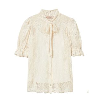 Twinset Blouses, female, Beige, Size: S Lace Bow Collar Shirt