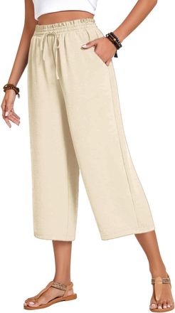 Generic Linen Trousers Womens 3/4 Length Cropped Trousers Elasticated Waist Loose Summer Cotton Linen Capri Pants with Pockets Lightweight Wide Leg Lounge Hol