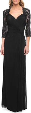 La Femme Jersey Gown with Knot Detail and Lace Sleeves in Black at Nordstrom, Size 20
