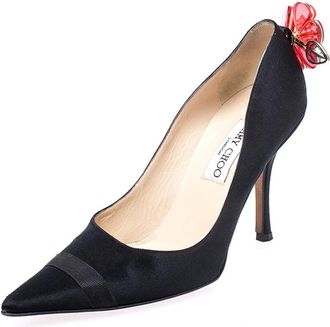 Jimmy Choo London Black Satin Plastic Flower Clip Pointed Toe Pumps