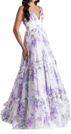 Rachel Allan Print Sleeveless A-Line Prom Gown In White Multi